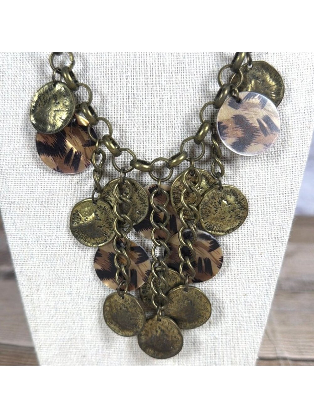VTG Artisan Safari Leopard Print Statement Bib Necklace Earring Set Boho Chic - Picture 2 of 11